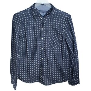 Tommy Hilfiger Womens Indigo Blue White Print Button Down Shirt Roll Tab M